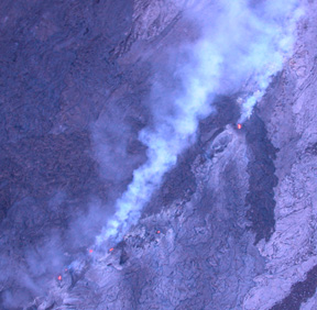 Skylights on the lava pouring underground from the crater