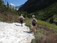 Hiking across the snow patch